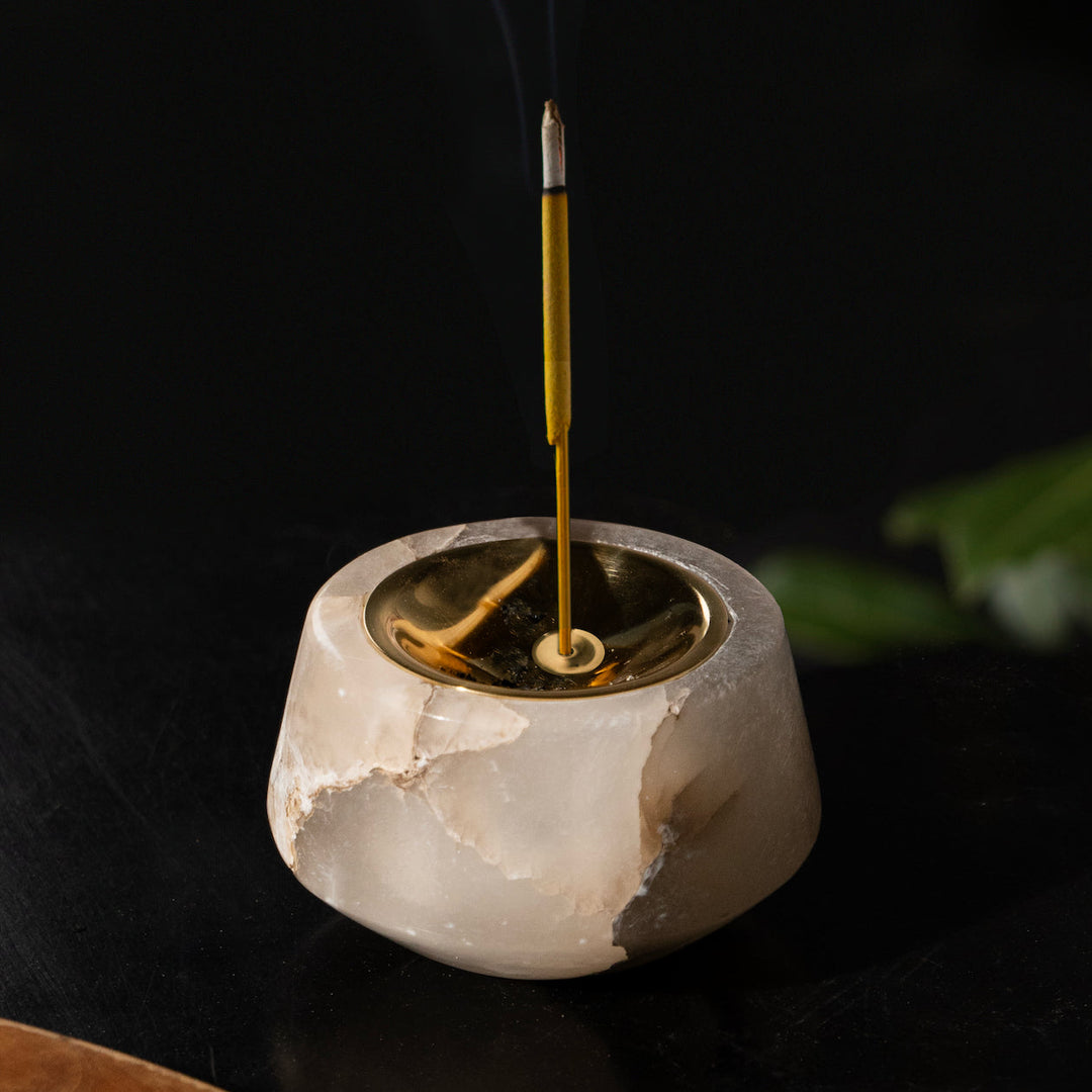 Hand-Carved Stone Incense Holder, Alabaster & Brass