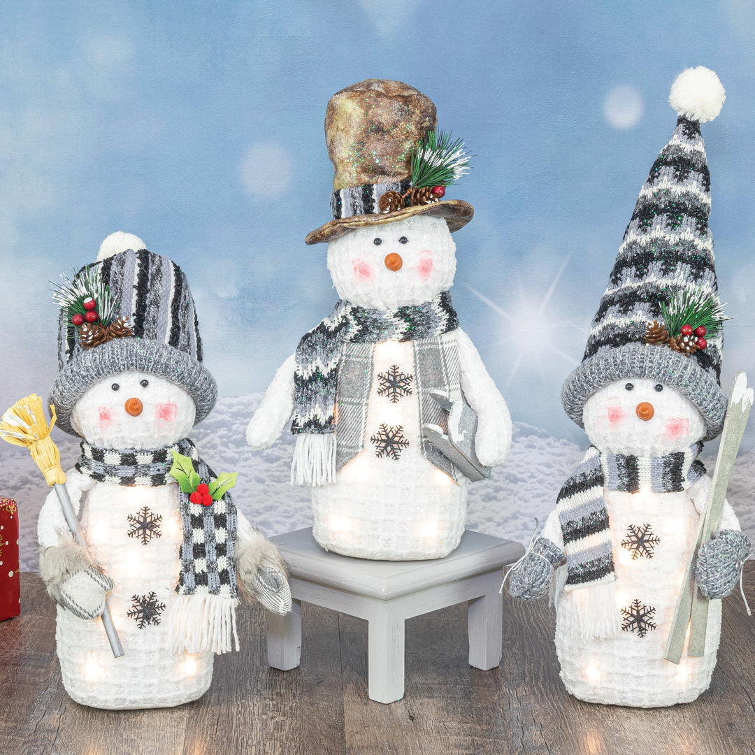 Neutral-Toned Light-Up Tabletop Snowmen, Set of 3
