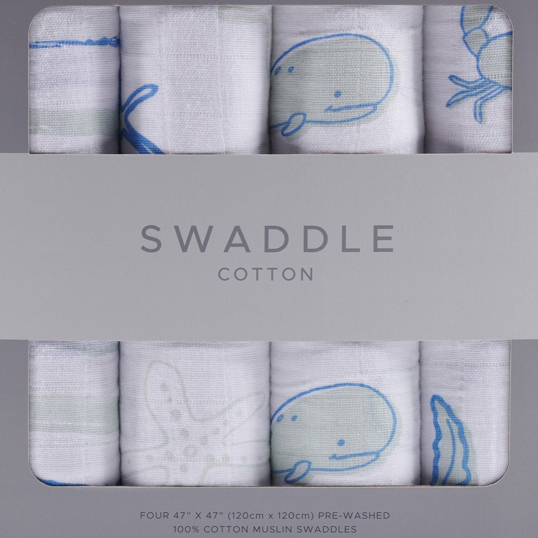 Baby Cotton Muslin Swaddle Blankets 4-Pack, Sea Life