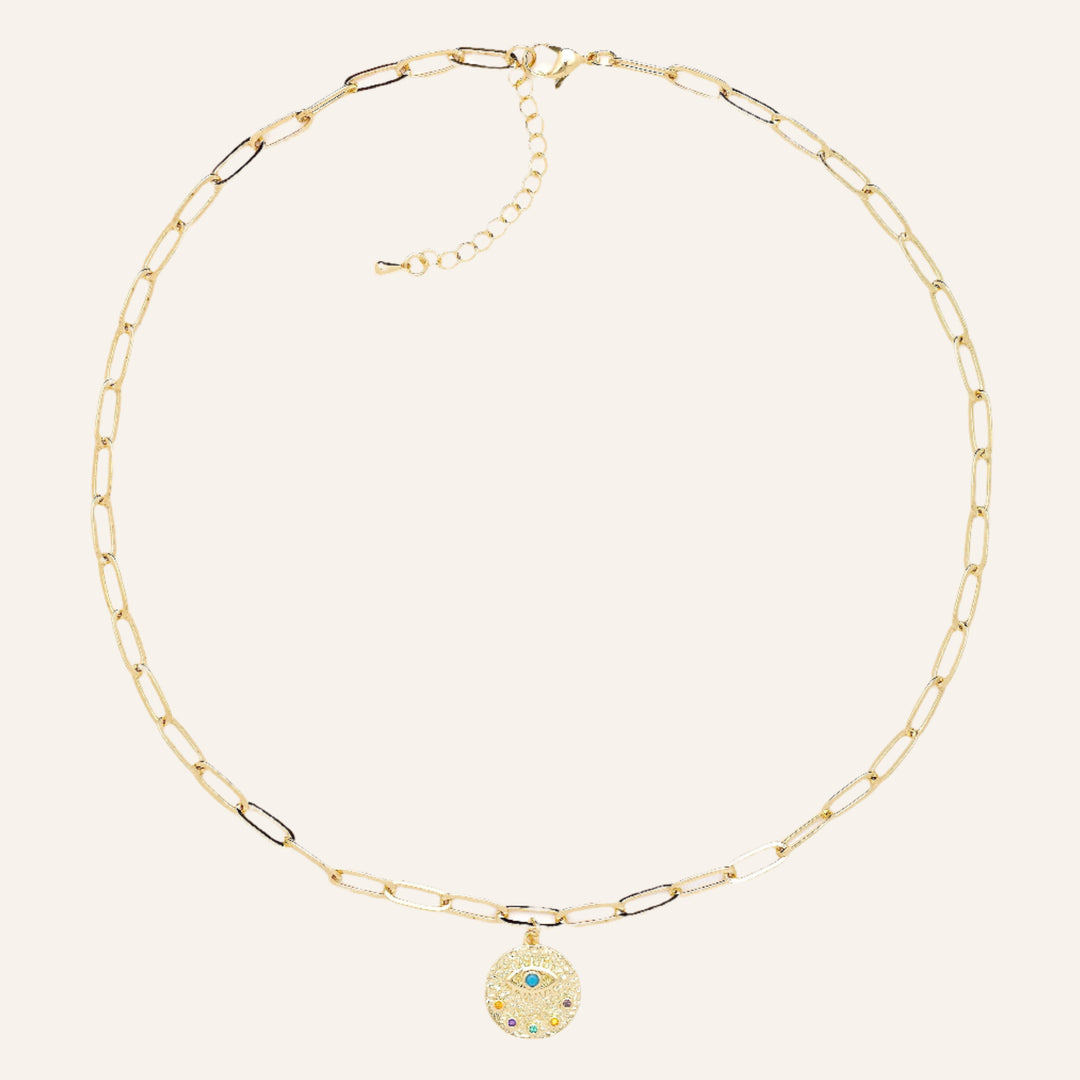 Evil Eye & Turquoise Chain Necklace, 18k Gold Plated