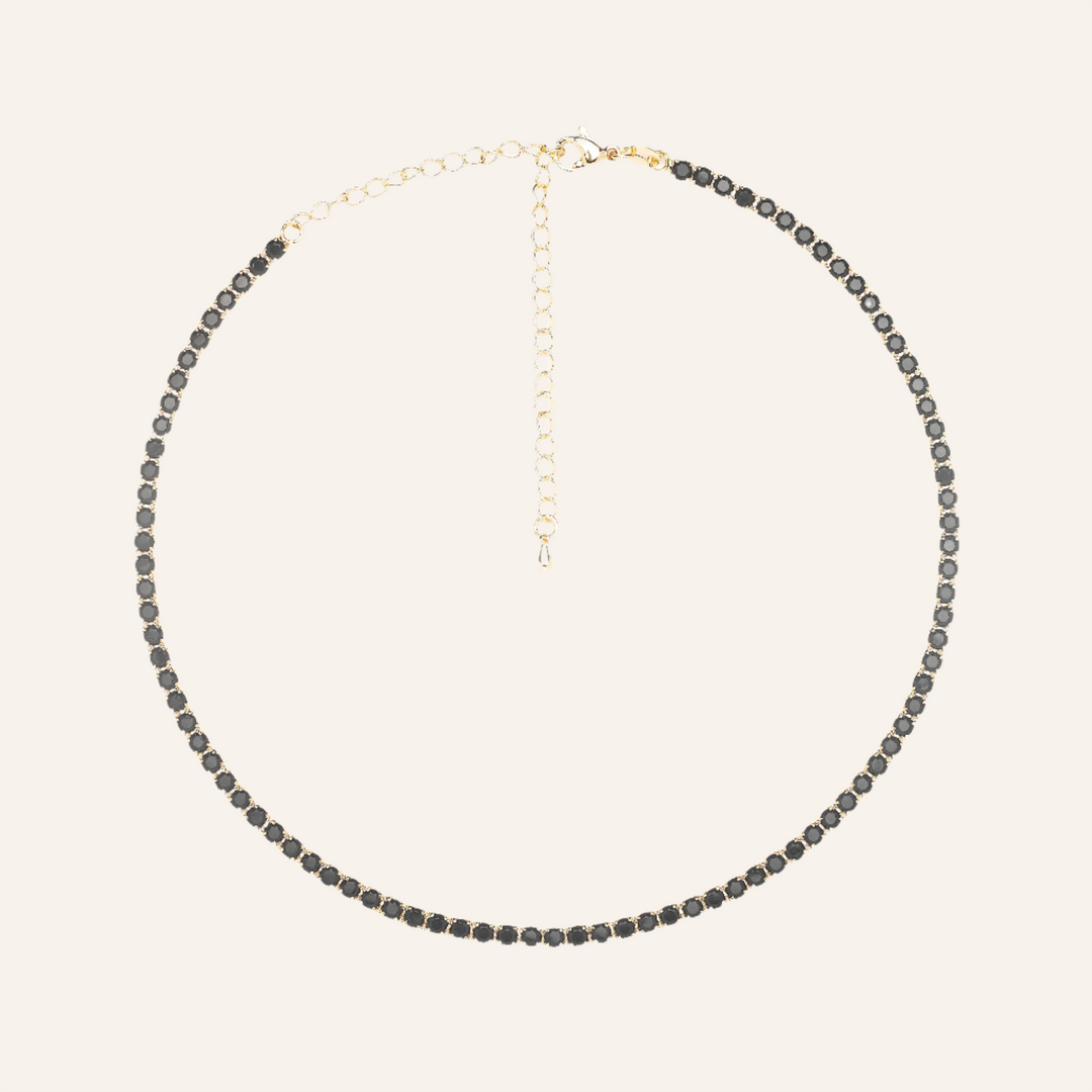 Black Rhinestone Jewel Choker Necklace, 18k Gold Plated