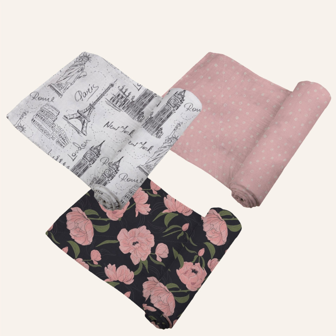 Baby Bamboo Muslin Swaddle Blankets 3-Pack, Cities & Flowers