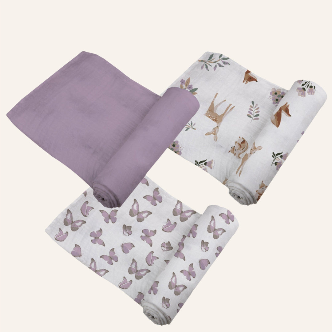 Baby Cotton Muslin Swaddle Blankets 3-Pack, Fox & Lavender Butterfly