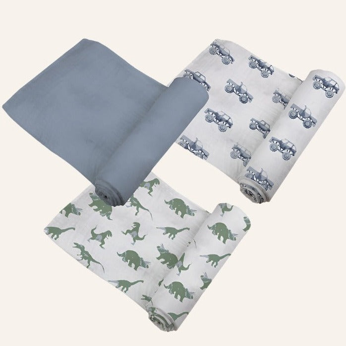 Baby Cotton Muslin Swaddle Blankets 3-Pack, Trucks & Dinos
