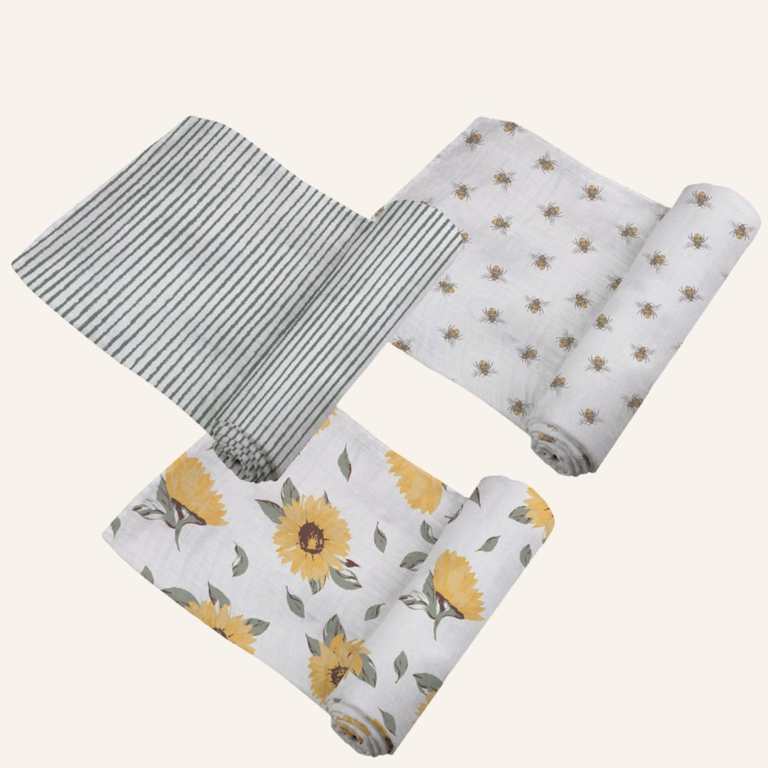 Baby Bamboo Muslin Swaddle Blankets 3-Pack, Sunflowers & Bees