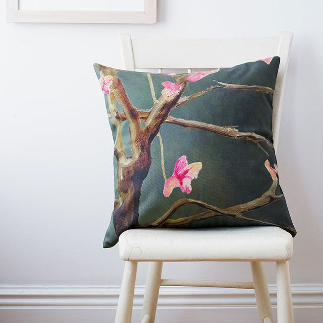 Throw Pillow, Tree with Pink Flowers