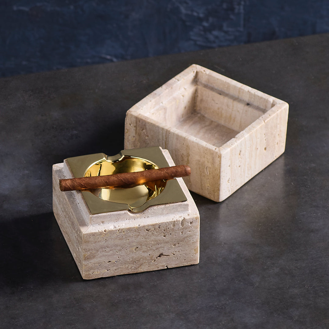 Handmade Stone Cube Ashtray, Travertine & Brass