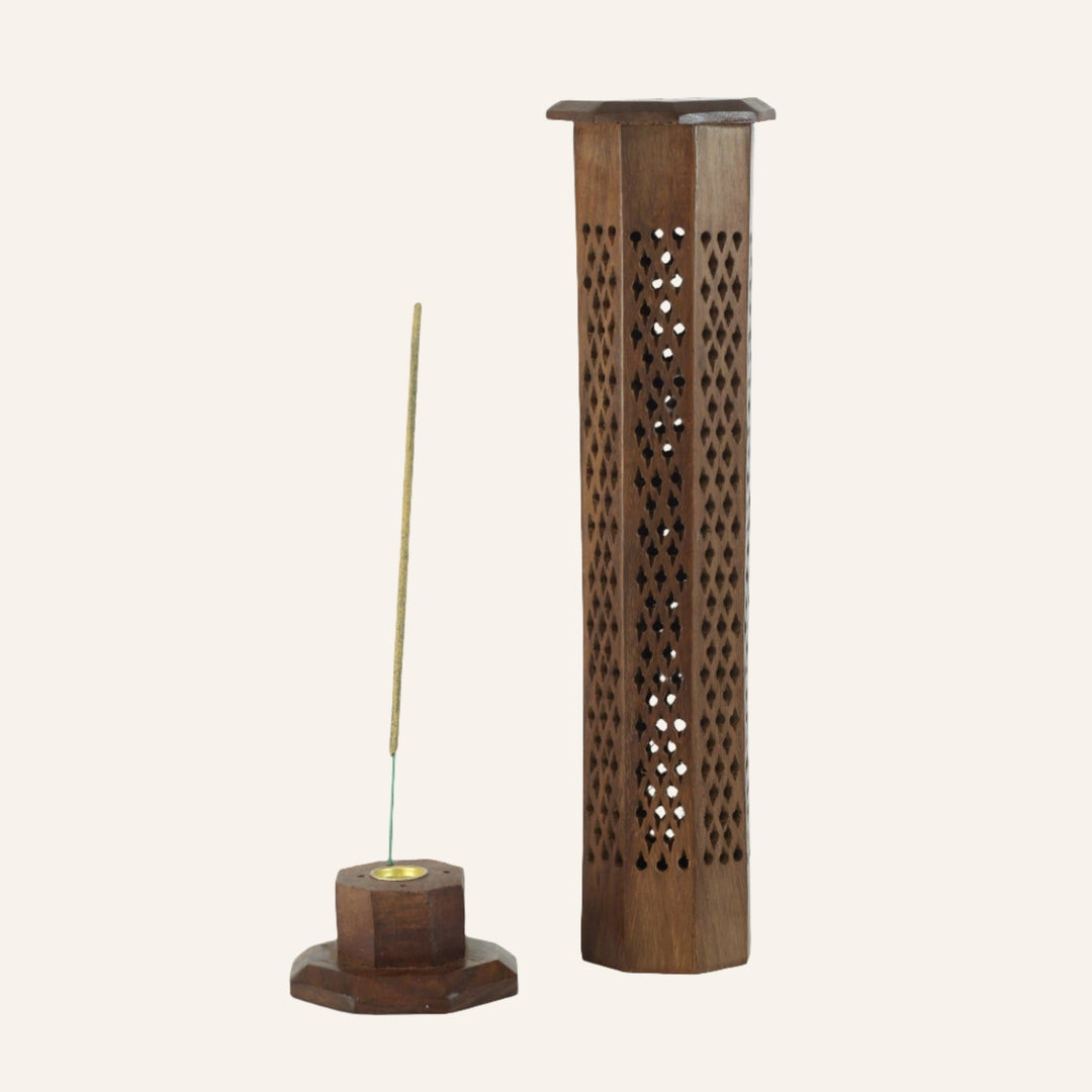 Wooden Incense Burner, Handcarved 12" Tower