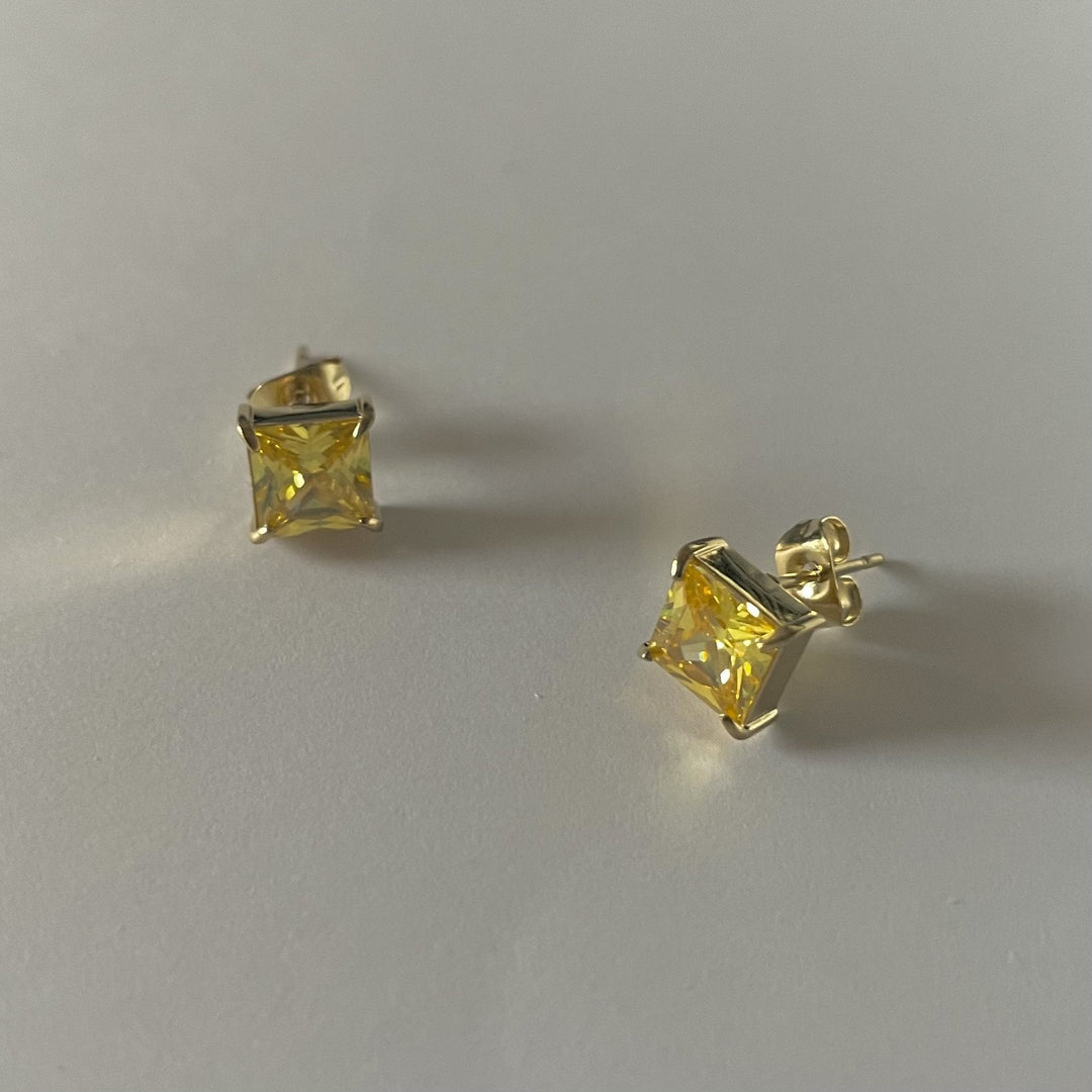 18k Gold-Plated Square Stone Studs, Yellow Zircon