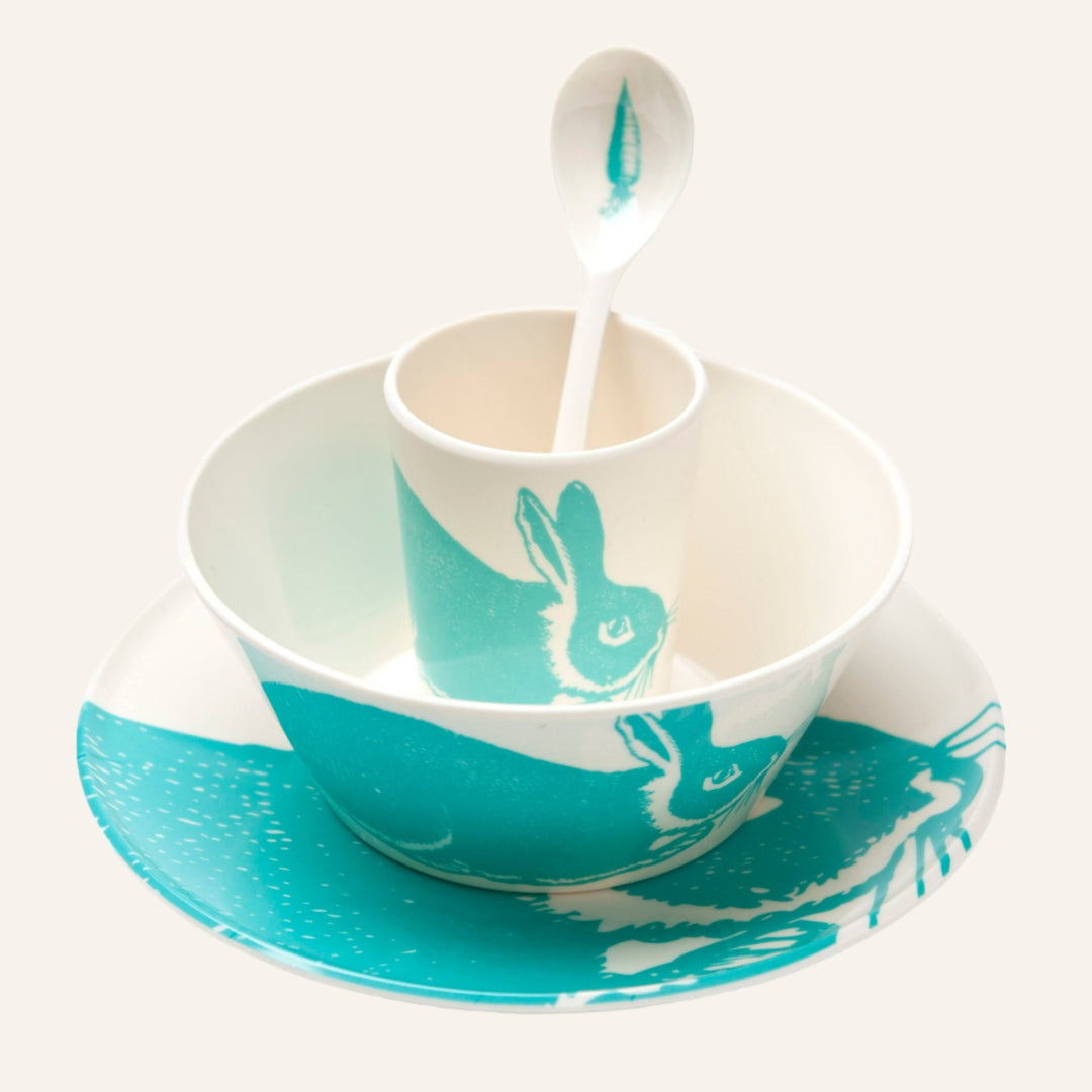 Melamine Kids Bunny Dinner Set, Aqua