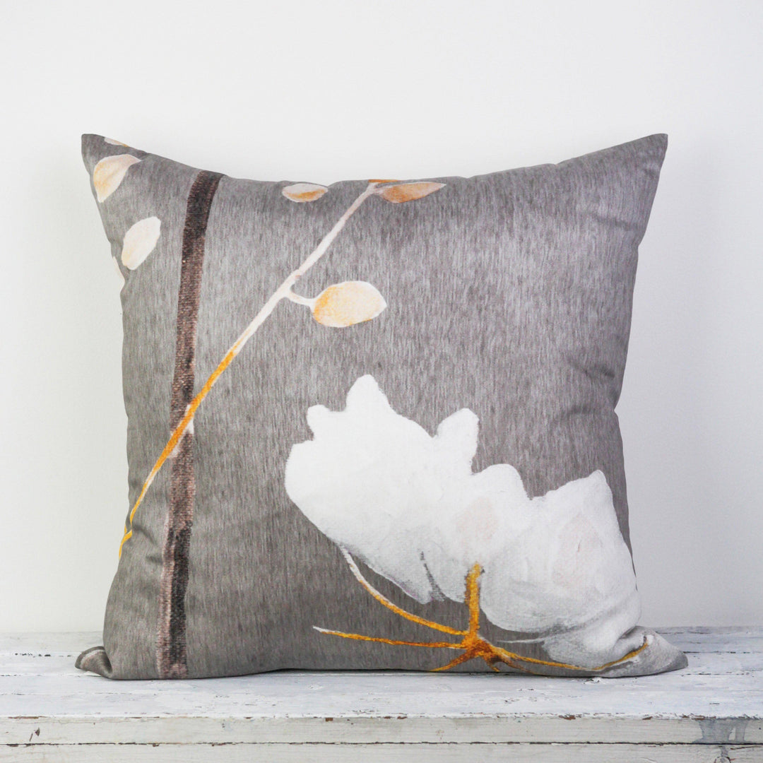Grey Throw Pillow, Big White Flower