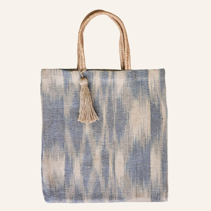 Handwoven Jute Tote Bag, Blue & Natural