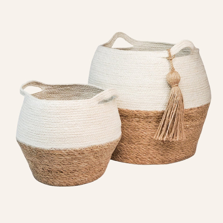 Handwoven Jar Basket, Half White with Handles