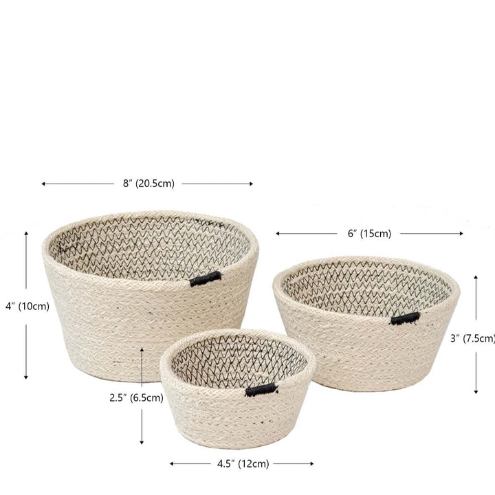 Handwoven Bowl Baskets, Off-White & Black Stitching (Set of 3)