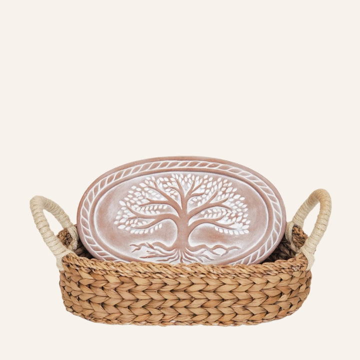 Oval BREAD BASKET WITH WARMING STONE, TREE OF LIFE