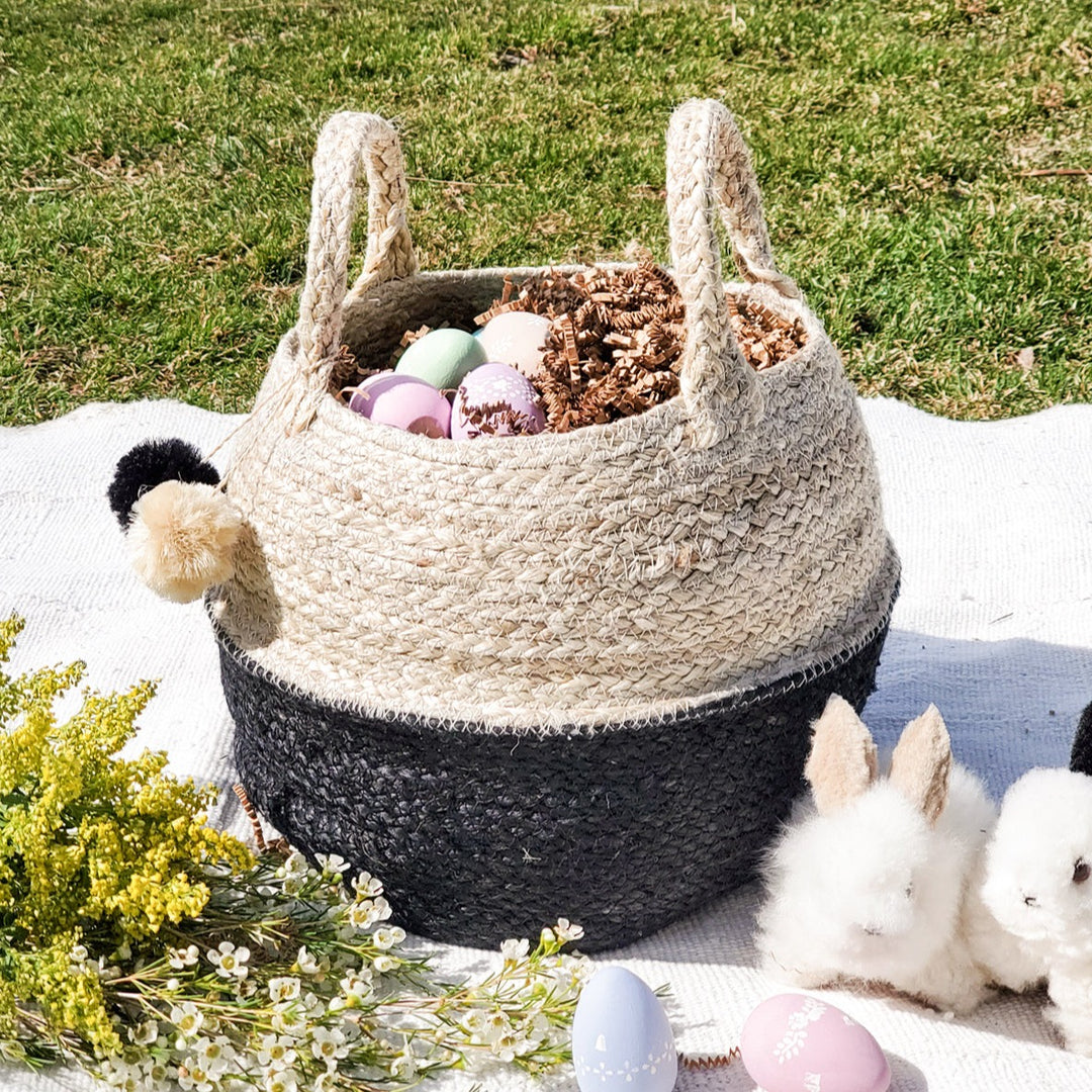 Foldable Basket Bag with Pompoms, Black