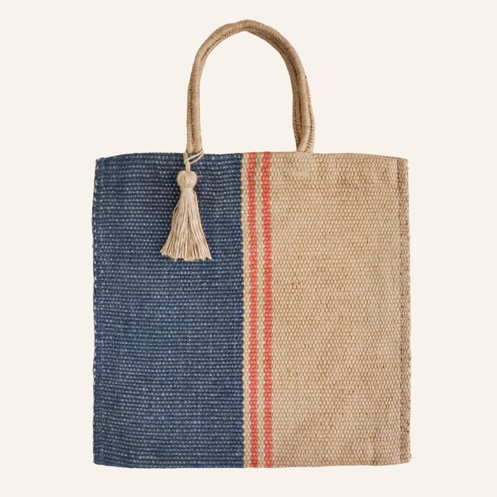 Handwoven Jute Tote Bag, Navy & Red