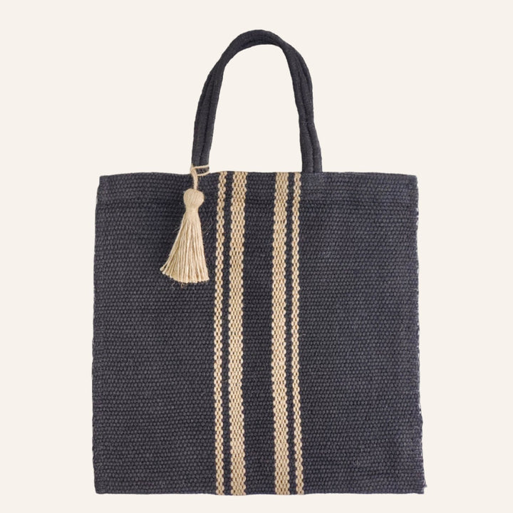 Handwoven Jute Tote Bag, Black with Natural Accents