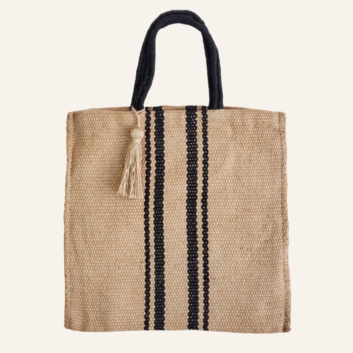 Handwoven Jute Tote Bag, Natural with Black Accents