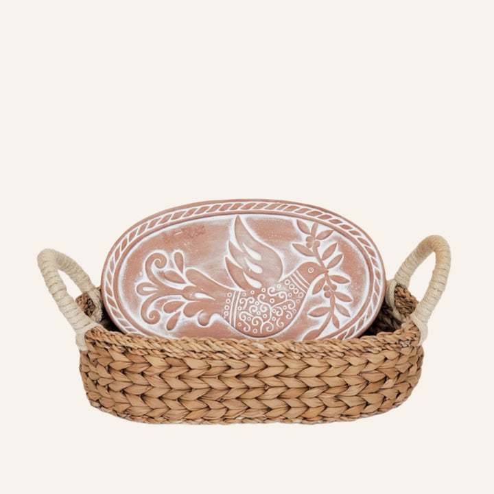 Oval BREAD BASKET WITH WARMING STONE, Bird & Leaves