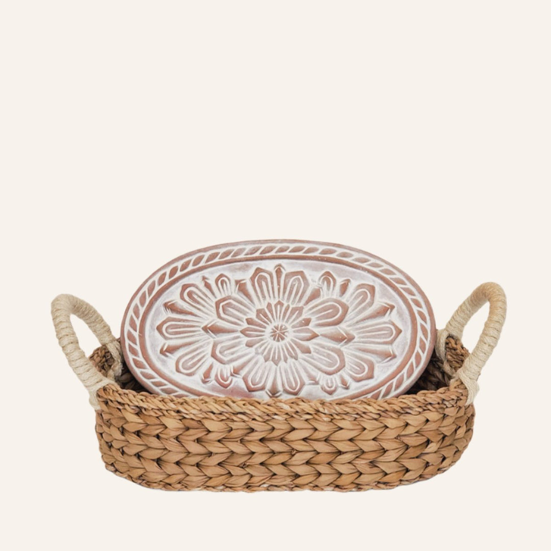 Oval BREAD BASKET WITH WARMING STONE, Flower