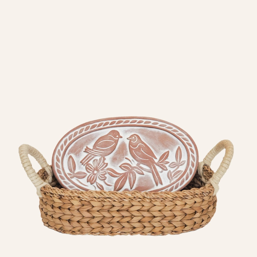 Oval Bread Basket with Warming Stone, Lovebirds