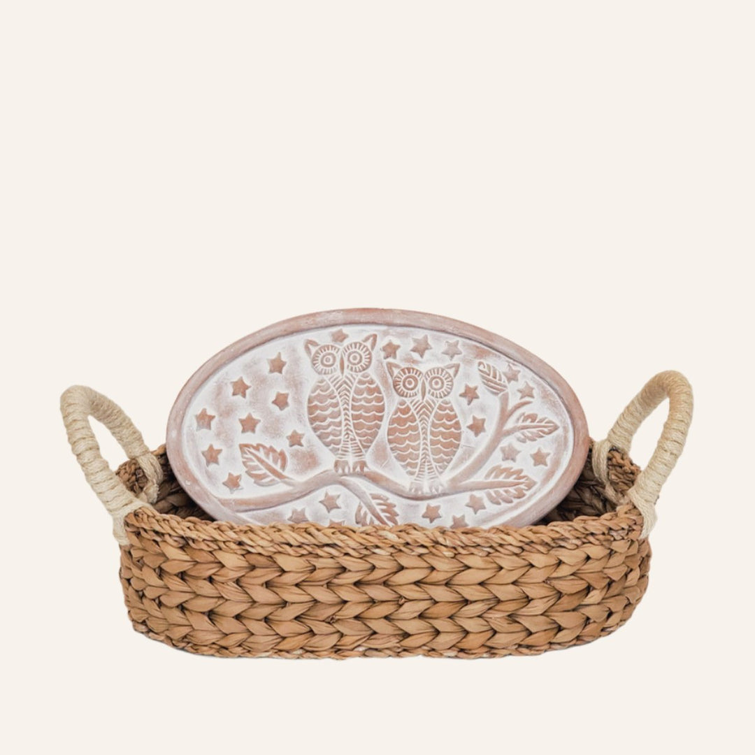 Oval BREAD BASKET WITH WARMING STONE, Owls on a Branch