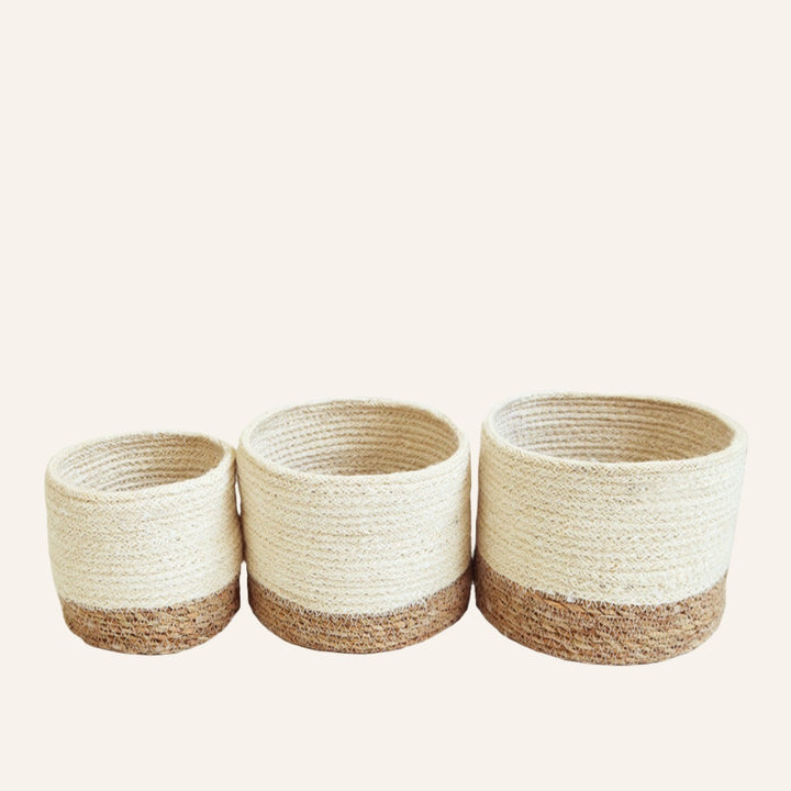 Handwoven Jute Bin, White with Natural Base