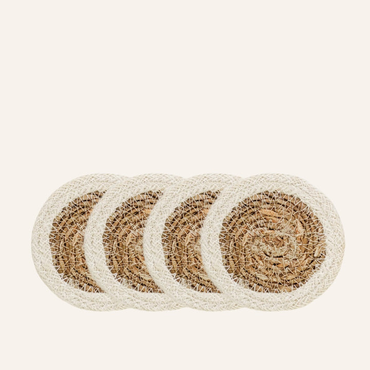 Handwoven Jute Coasters, Natural with White Trim (Set of 4)