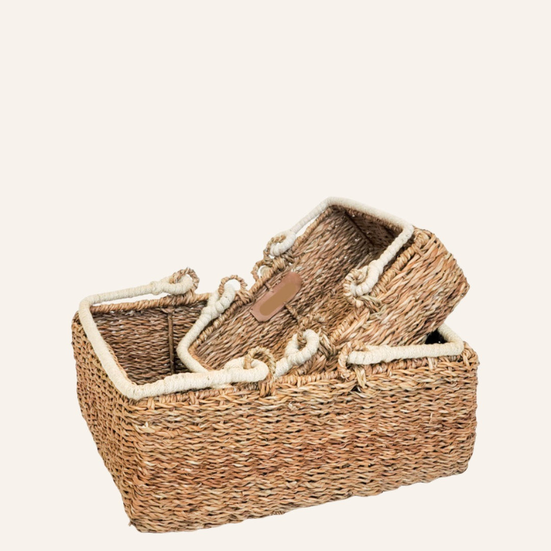 Handwoven Rectangular Storage Basket, White Handles