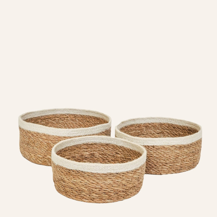 Handwoven Round Storage Bowls, Natural with White Trim (Set of 3)