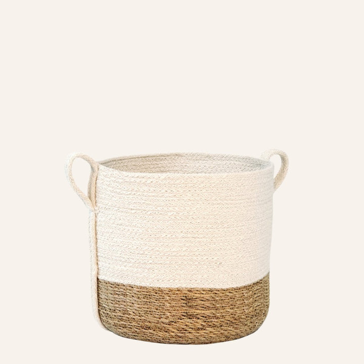 Handwoven Cylindrical Basket, Two-Tone with Side Handles