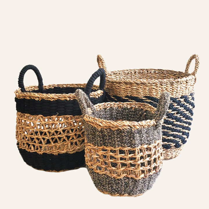 Handwoven Mesh Basket with Handles, Black Gray Natural