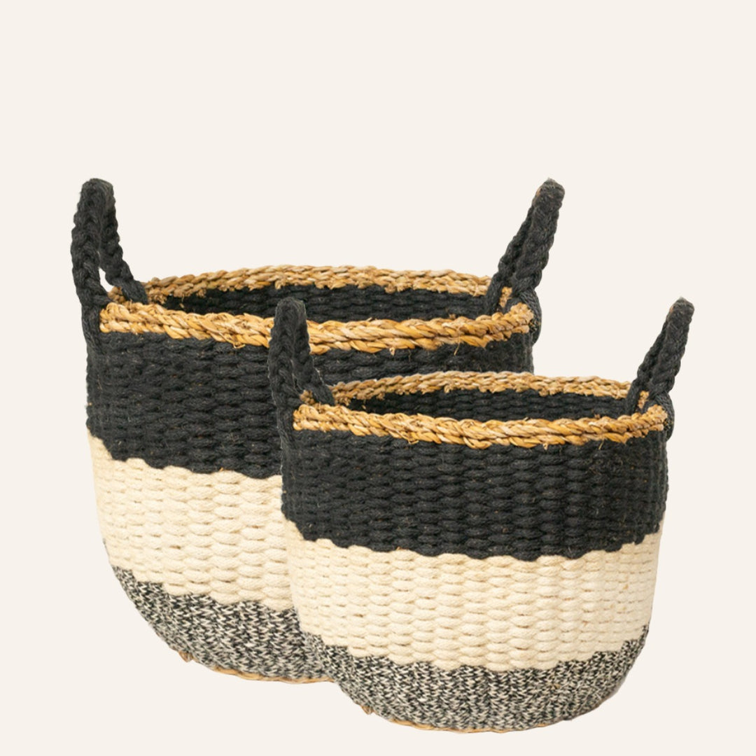 Handwoven Striped Basket, Black Handles