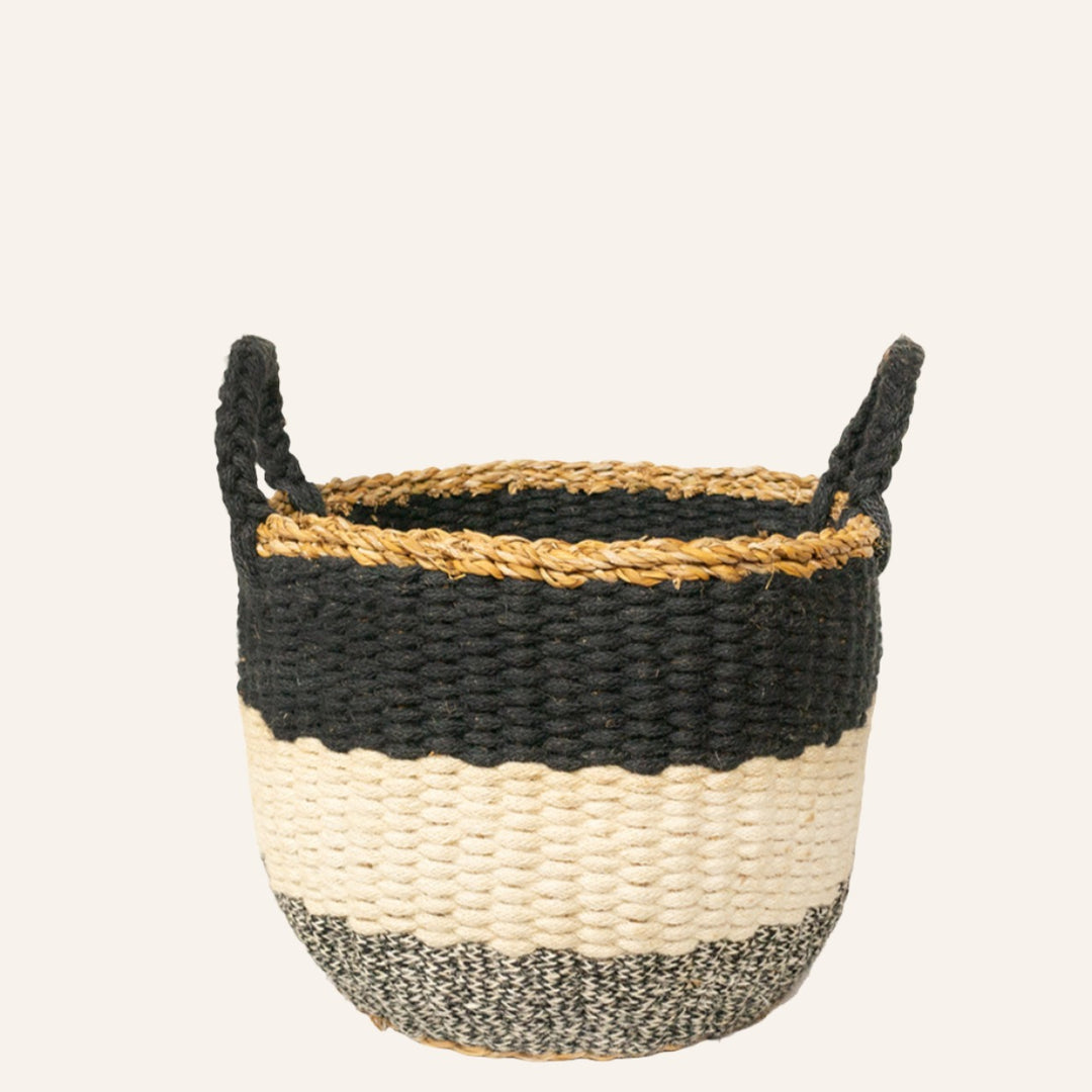 Handwoven Striped Basket, Black Handles