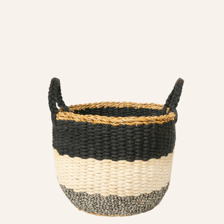 Handwoven Striped Basket, Black Handles