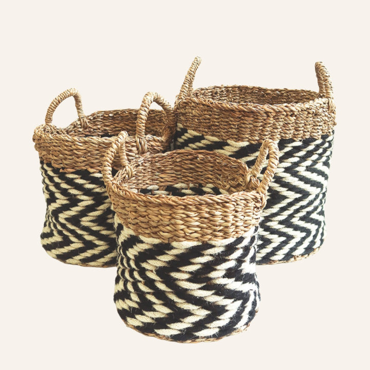 Handwoven Zigzag Basket, Black & White