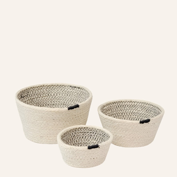 Handwoven Bowl Baskets, Off-White & Black Stitching (Set of 3)