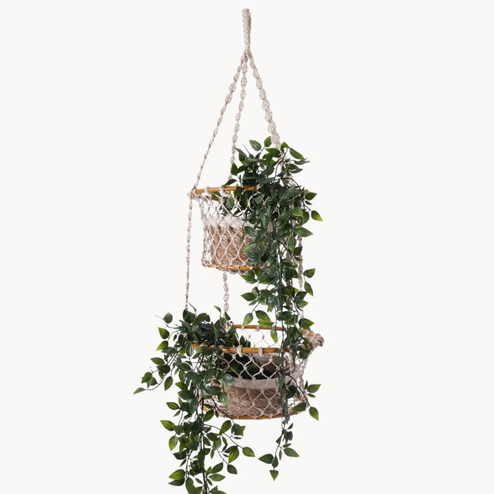 Double Hanging Plant Basket Shelves, Jute & Natural Wood