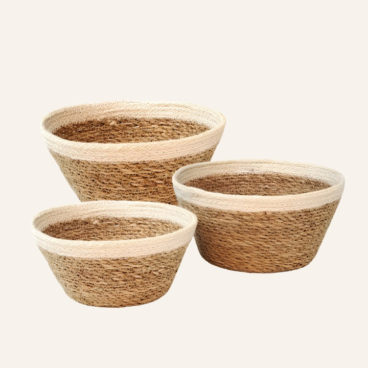 Handmade Plant Bowl Baskets, Natural & Ivory (Set of 3)
