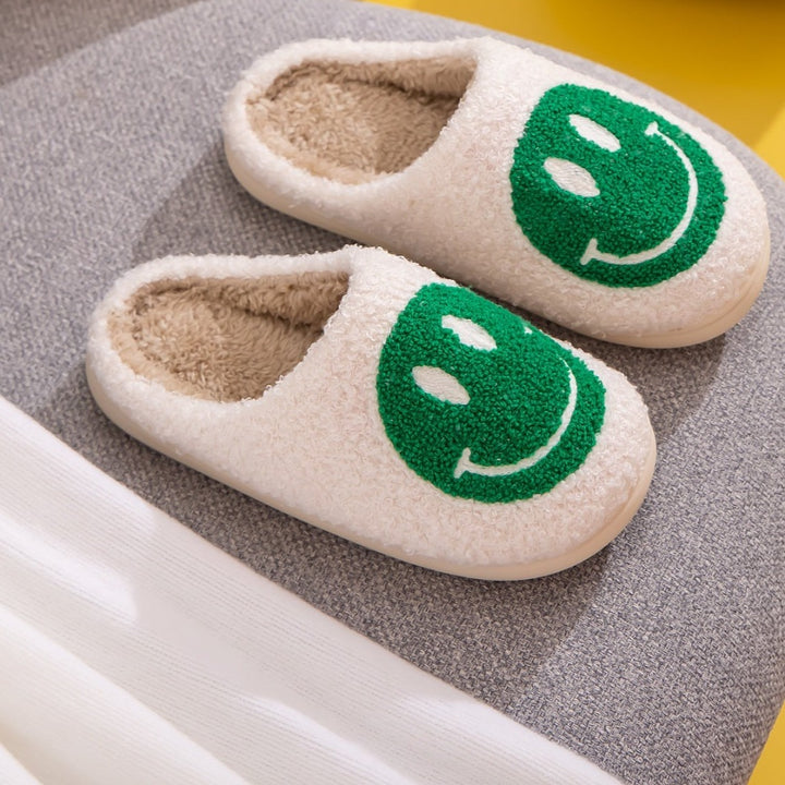 Plush Closed-Toe Slippers, Green Smiley