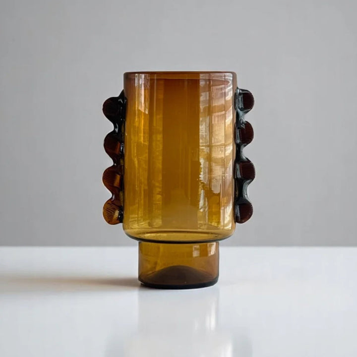 Handcrafted Mouth-Blown Glass 13" Tall Vase, Amber