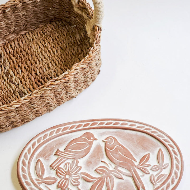 Oval Bread Basket with Warming Stone, Lovebirds