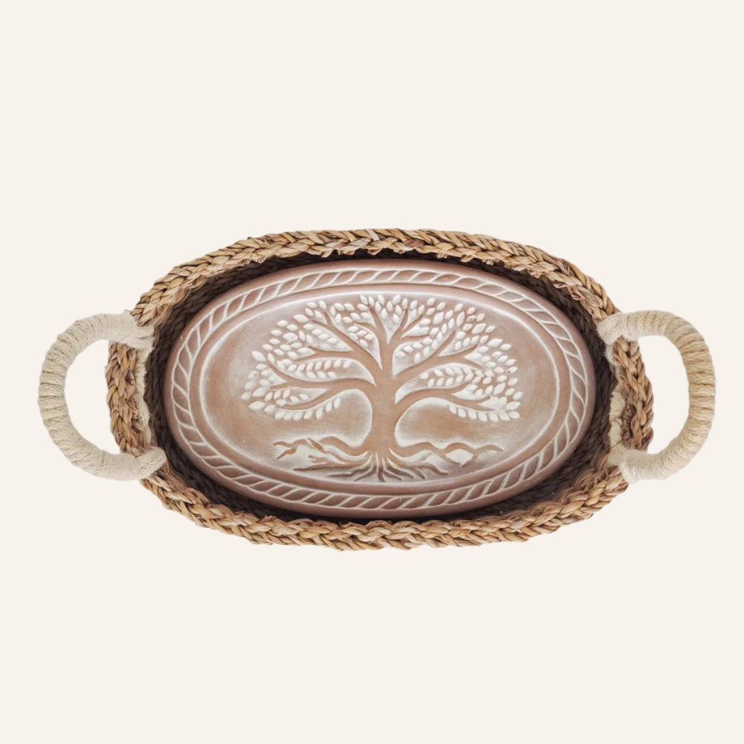 Oval BREAD BASKET WITH WARMING STONE, TREE OF LIFE