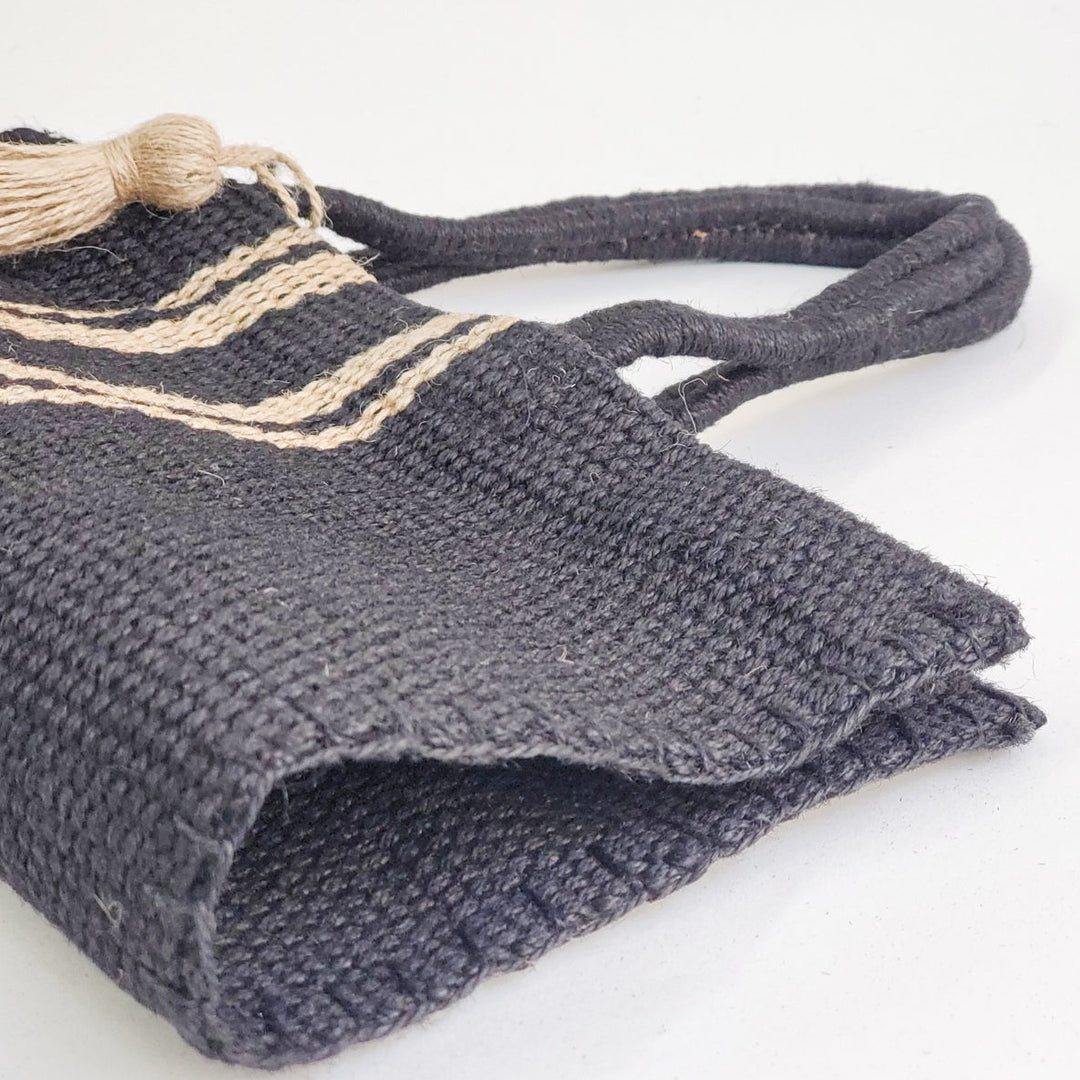 Handwoven Jute Tote Bag, Black with Natural Accents