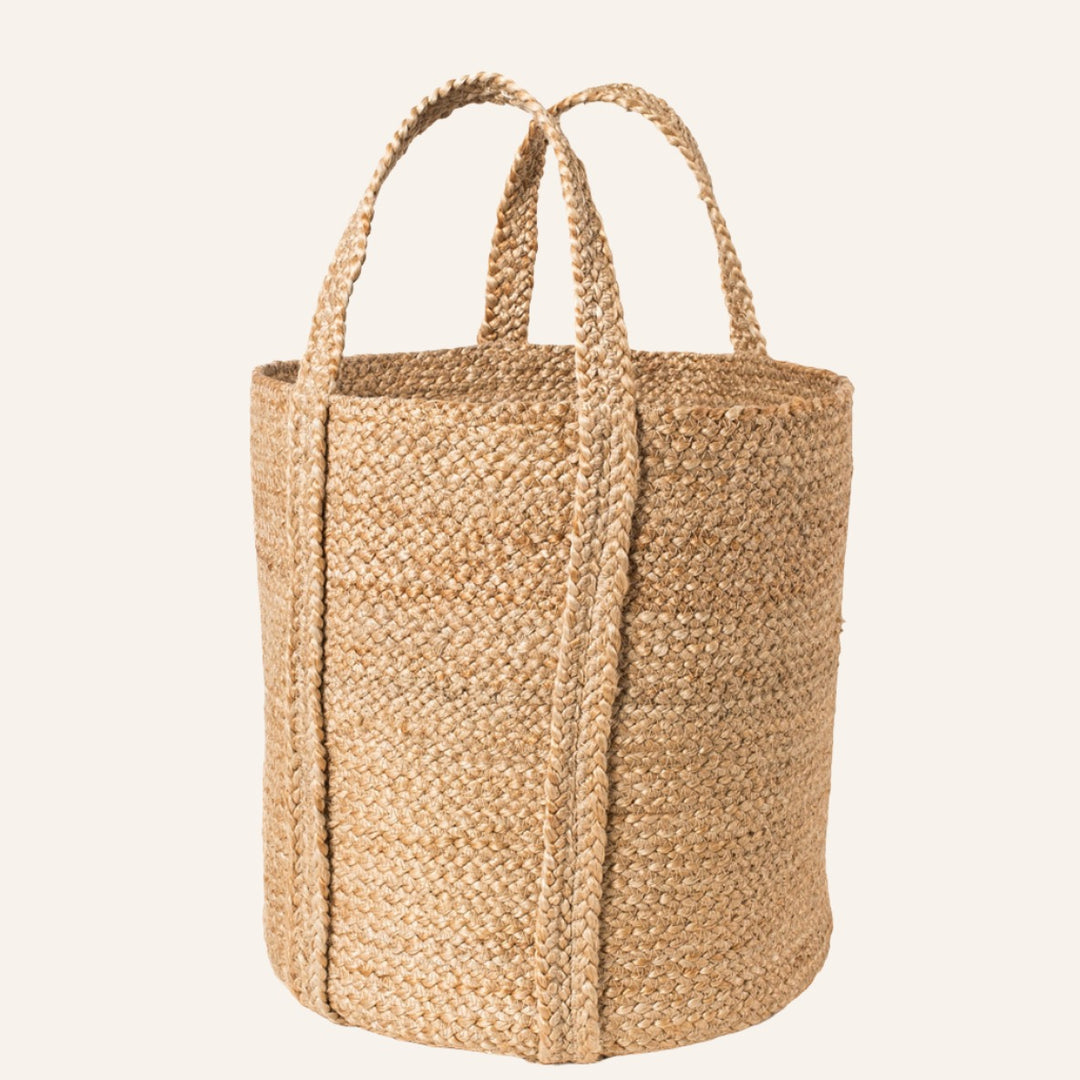 Handwoven Braided Jute Basket, Natural with Side Handles