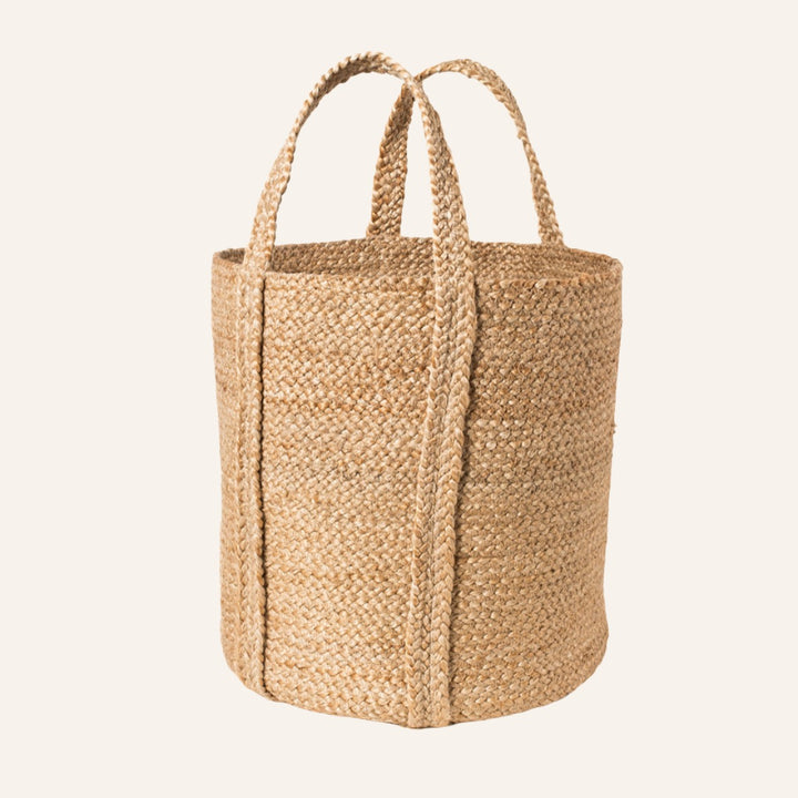 Handwoven Braided Jute Basket, Natural with Side Handles