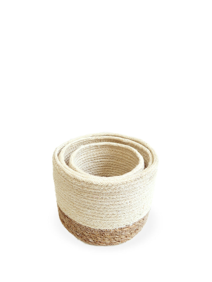 Handwoven Jute Bin, White with Natural Base