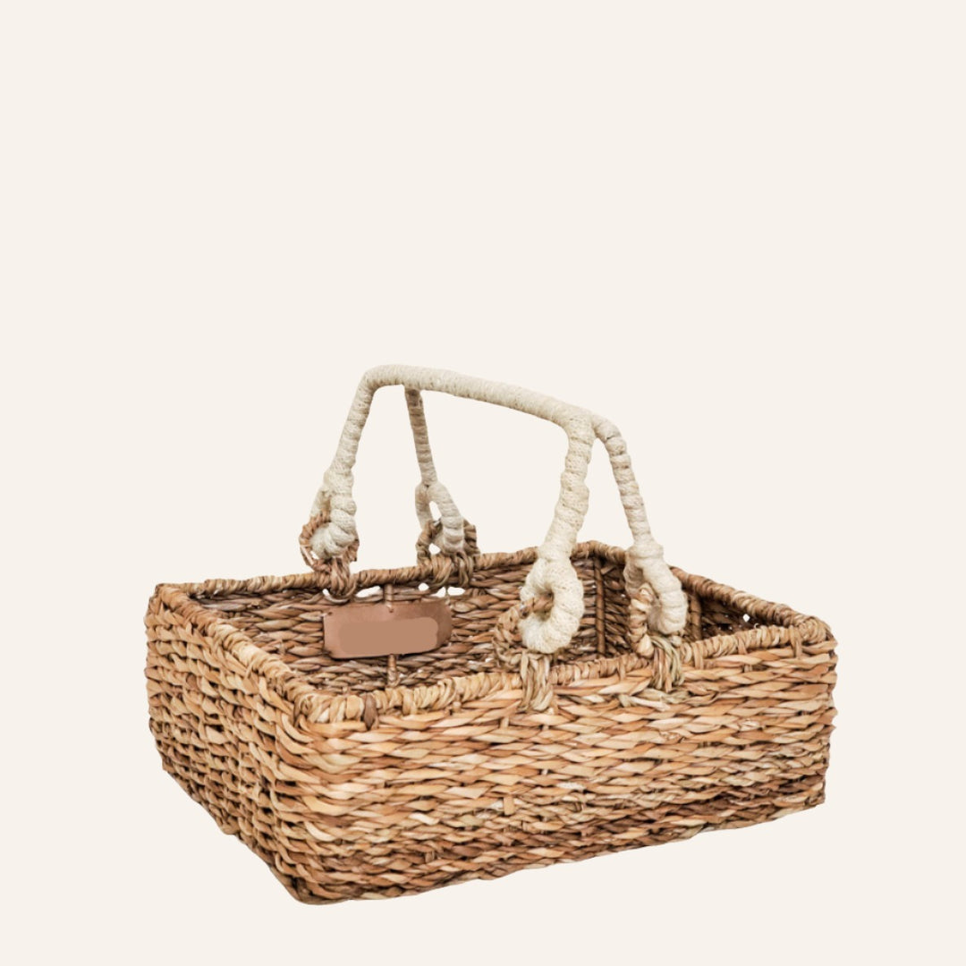 Handwoven Rectangular Storage Basket, White Handles