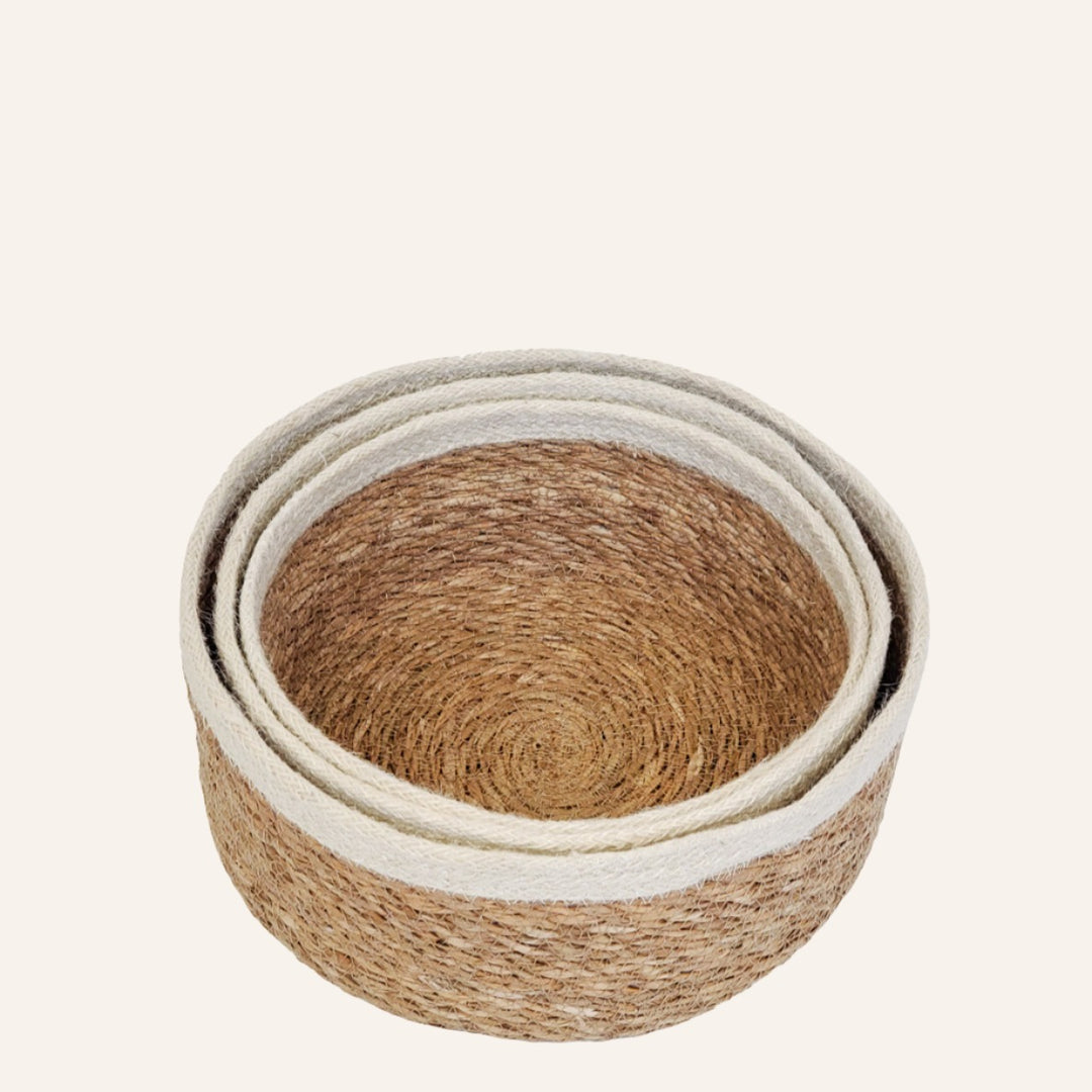 Handwoven Round Storage Bowls, Natural with White Trim (Set of 3)